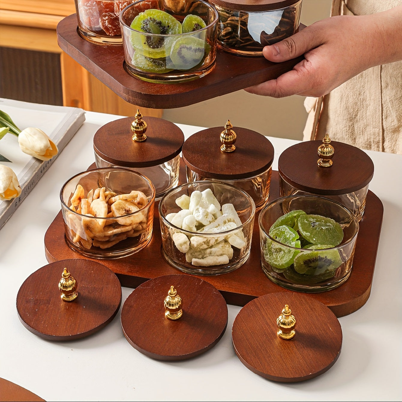 GlassSet - Luxe Glazen Snackkommen met Acaciahouten Dienblad