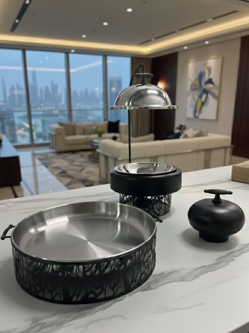 Luna Luxe Tafelset Zwart | Luxe Serveerschaal met Afdekkap op Standaard