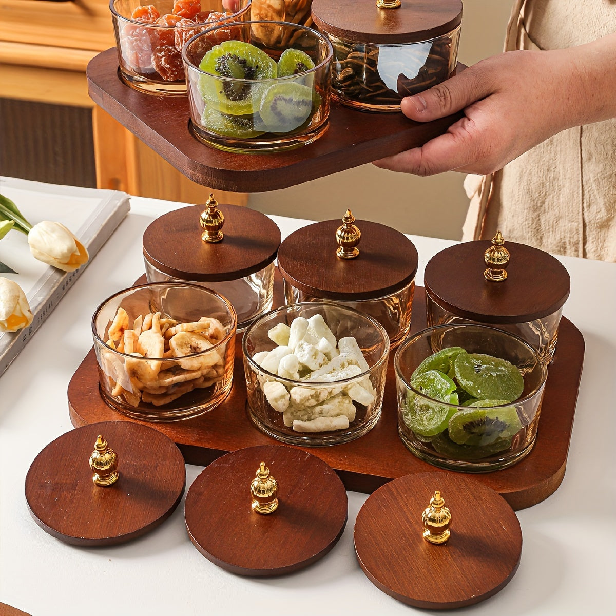 GlassSet - Luxe Glazen Snackkommen met Acaciahouten Dienblad