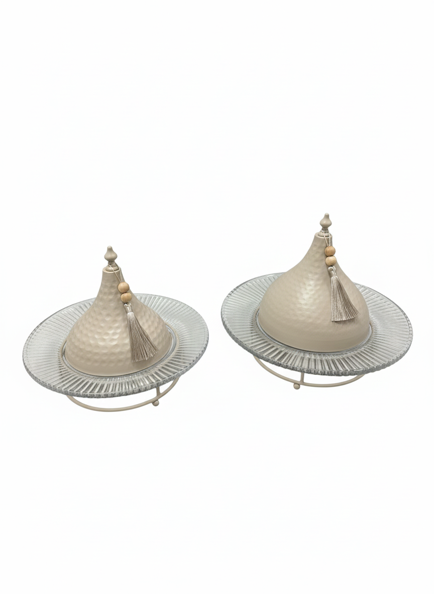Taupe Luxury Set | Luxe Afgedekte Serveerschaal op Glazen Voet